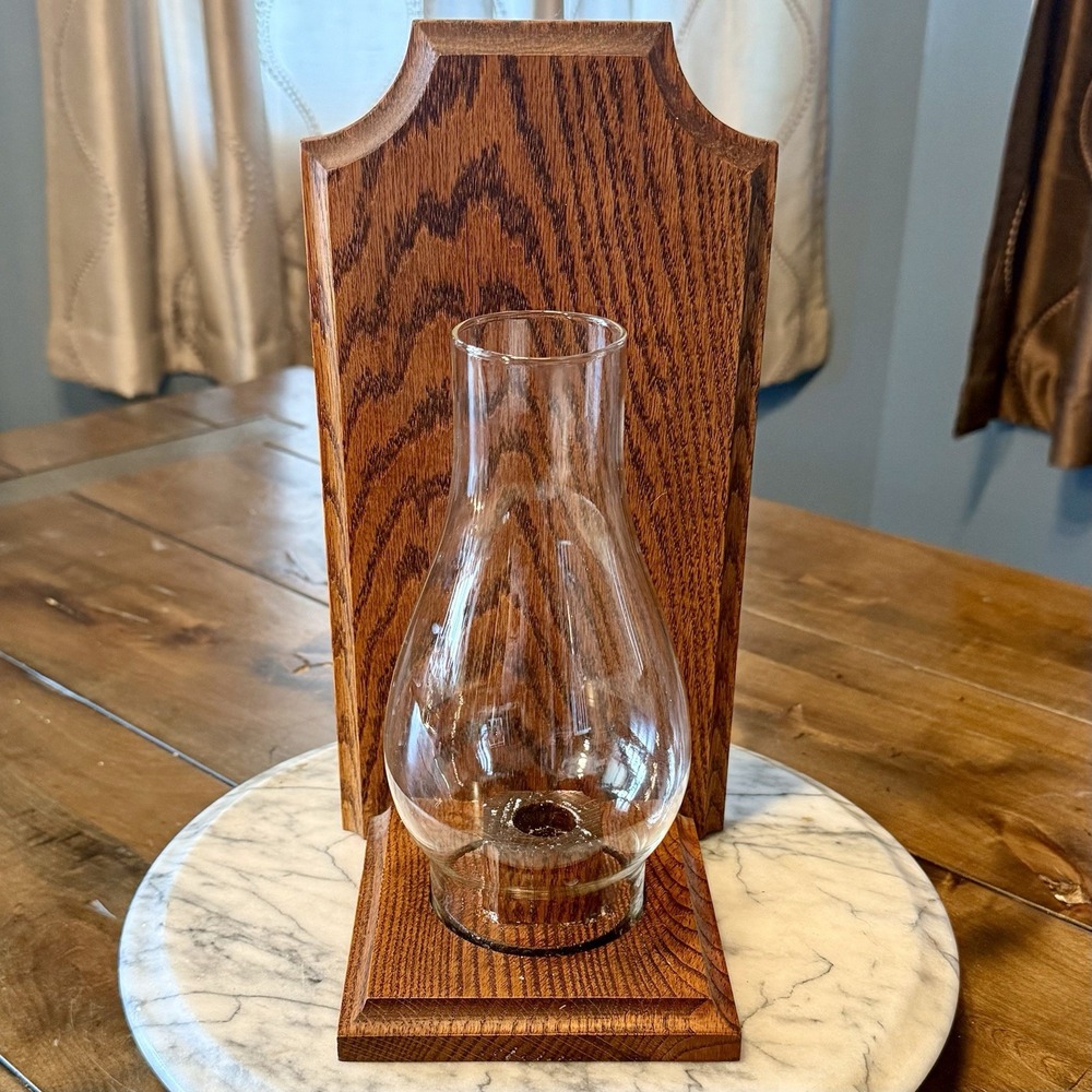 VTG 80s Bookend Wood Candle Holder Hurricane Lamp Glass Chimney Cottage Farm
